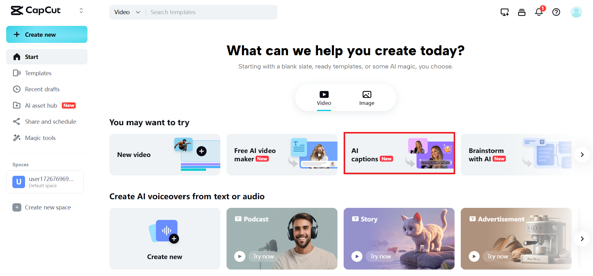 \"AI altyazılar\" seçeneğine tıklayın ve videonuzu yükleyin