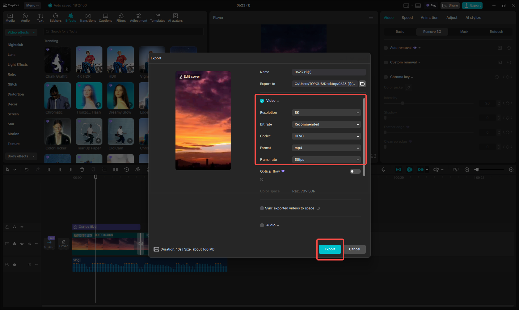 Exportieren Sie das Video für Instagram