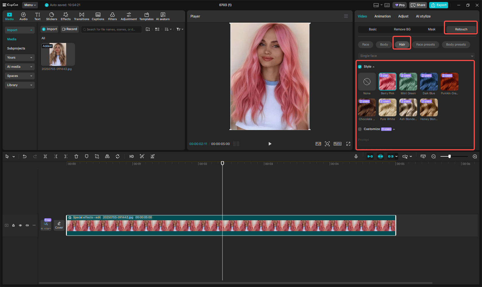 Change hair color in the retouch feature