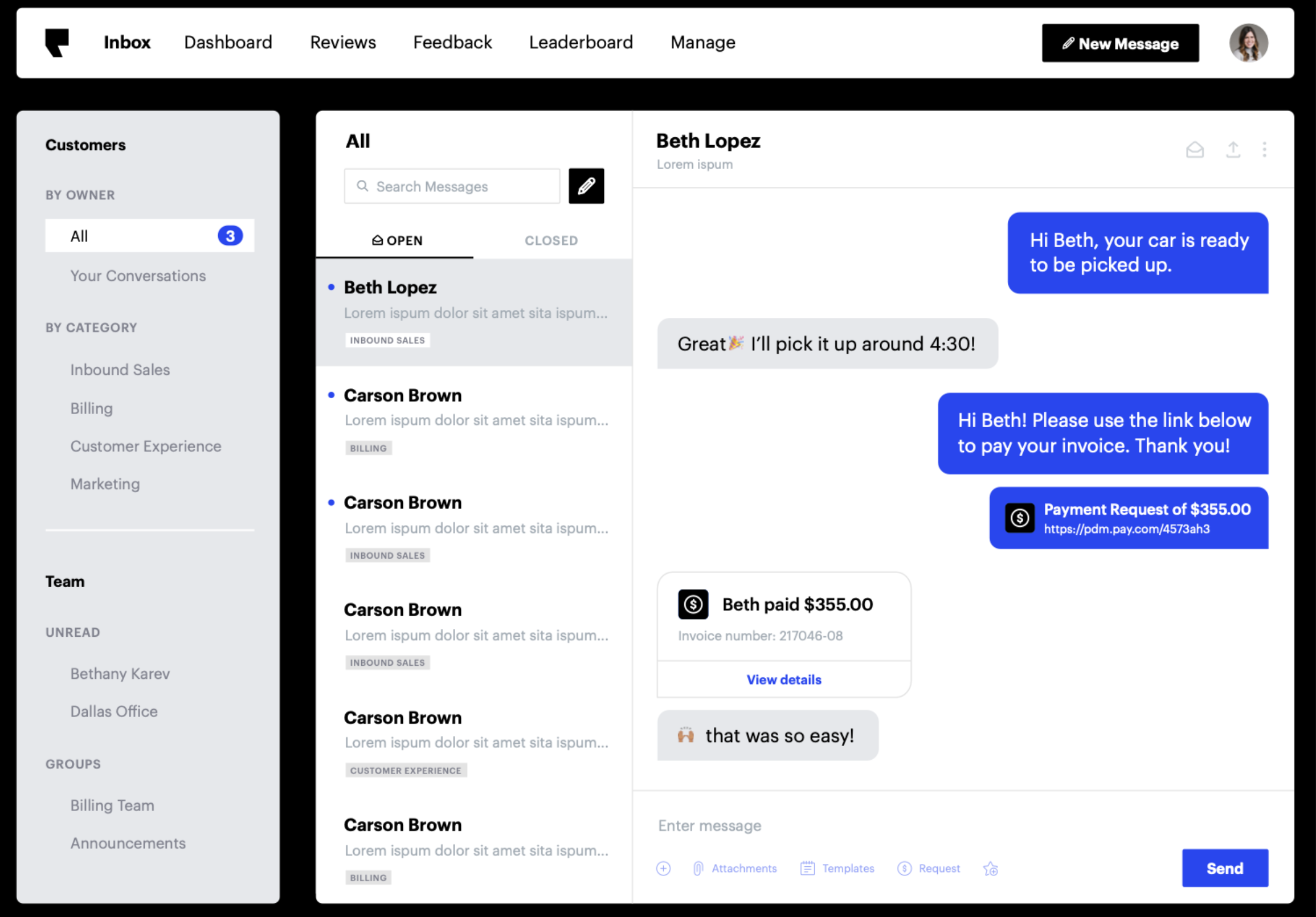 The interface of Podium - an efficient, conversational AI voice bot