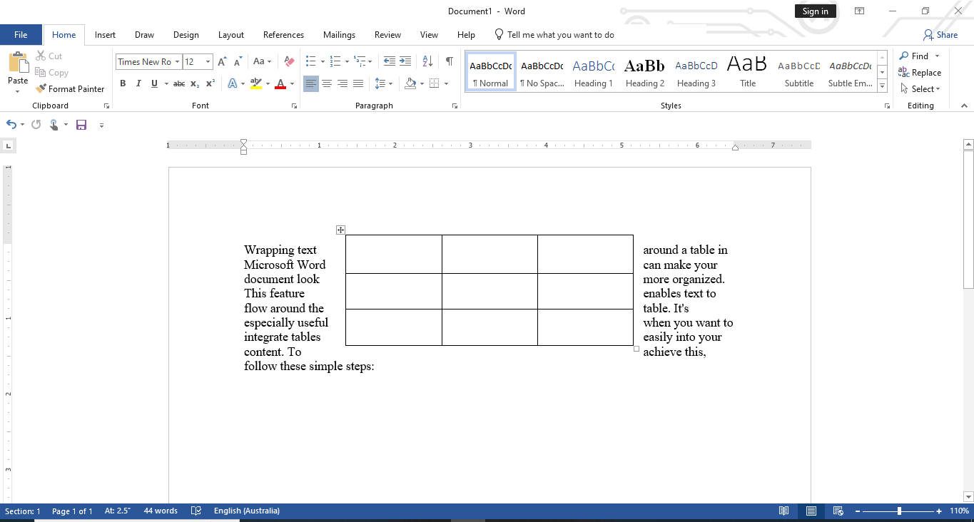 Taper à côté d'un tableau pour envelopper un mot dans Word