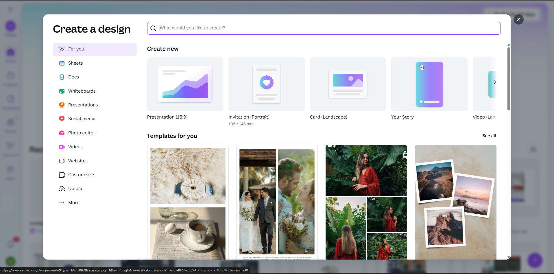 Starting a new design in Canva invitation maker