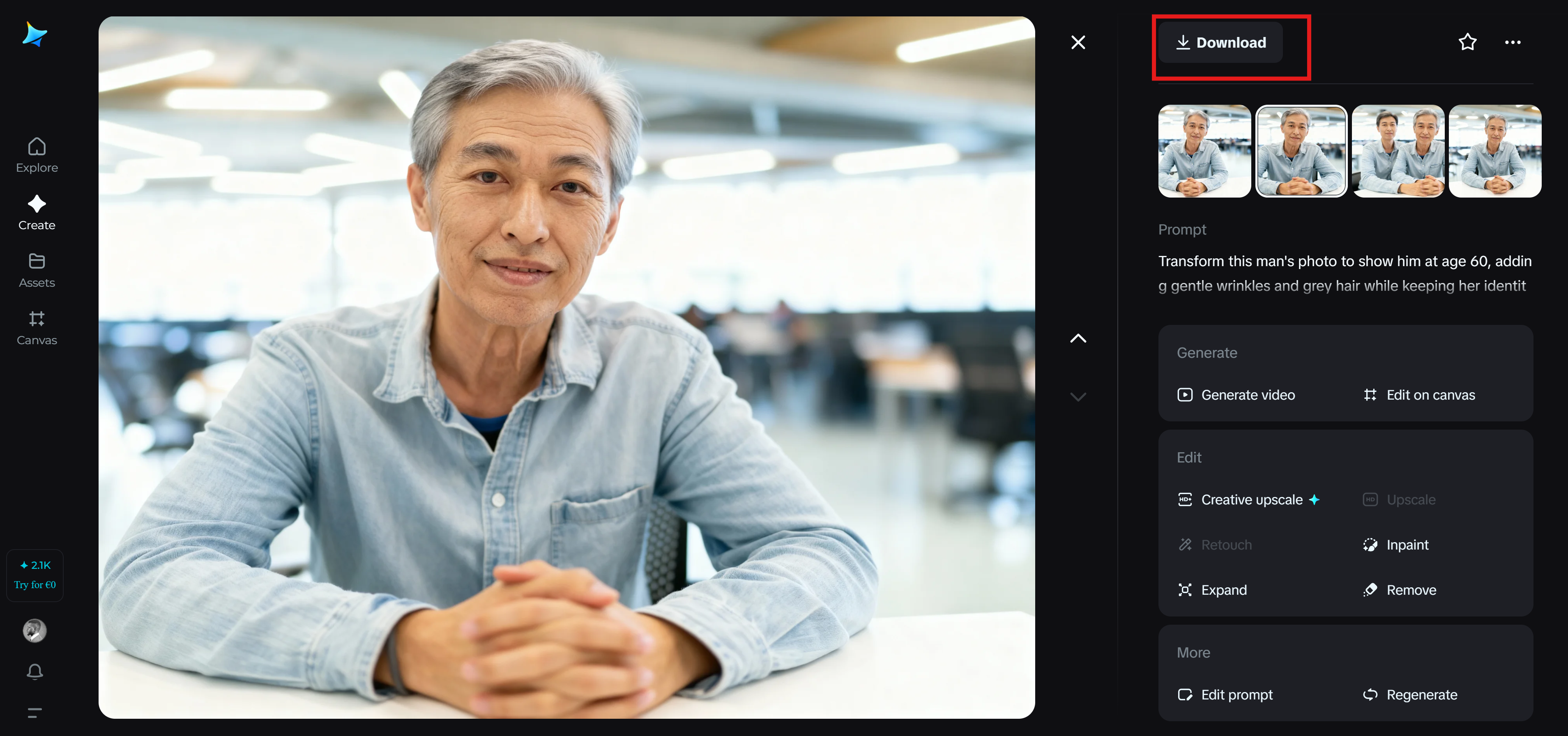 Dreamina face aging generator