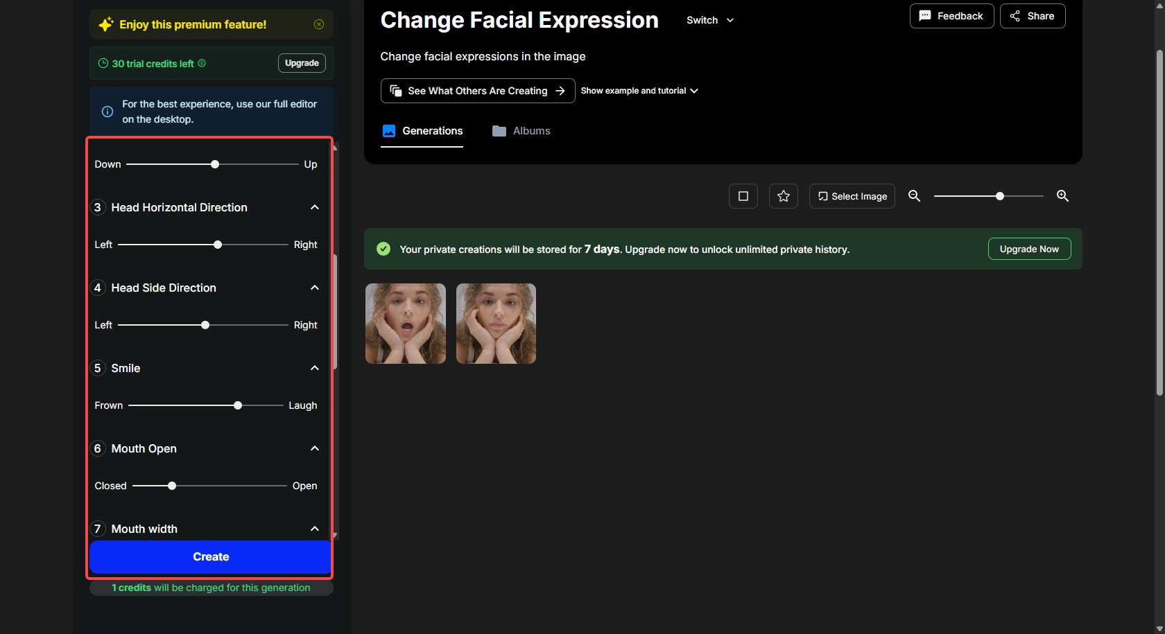 Accédez aux outils Visage