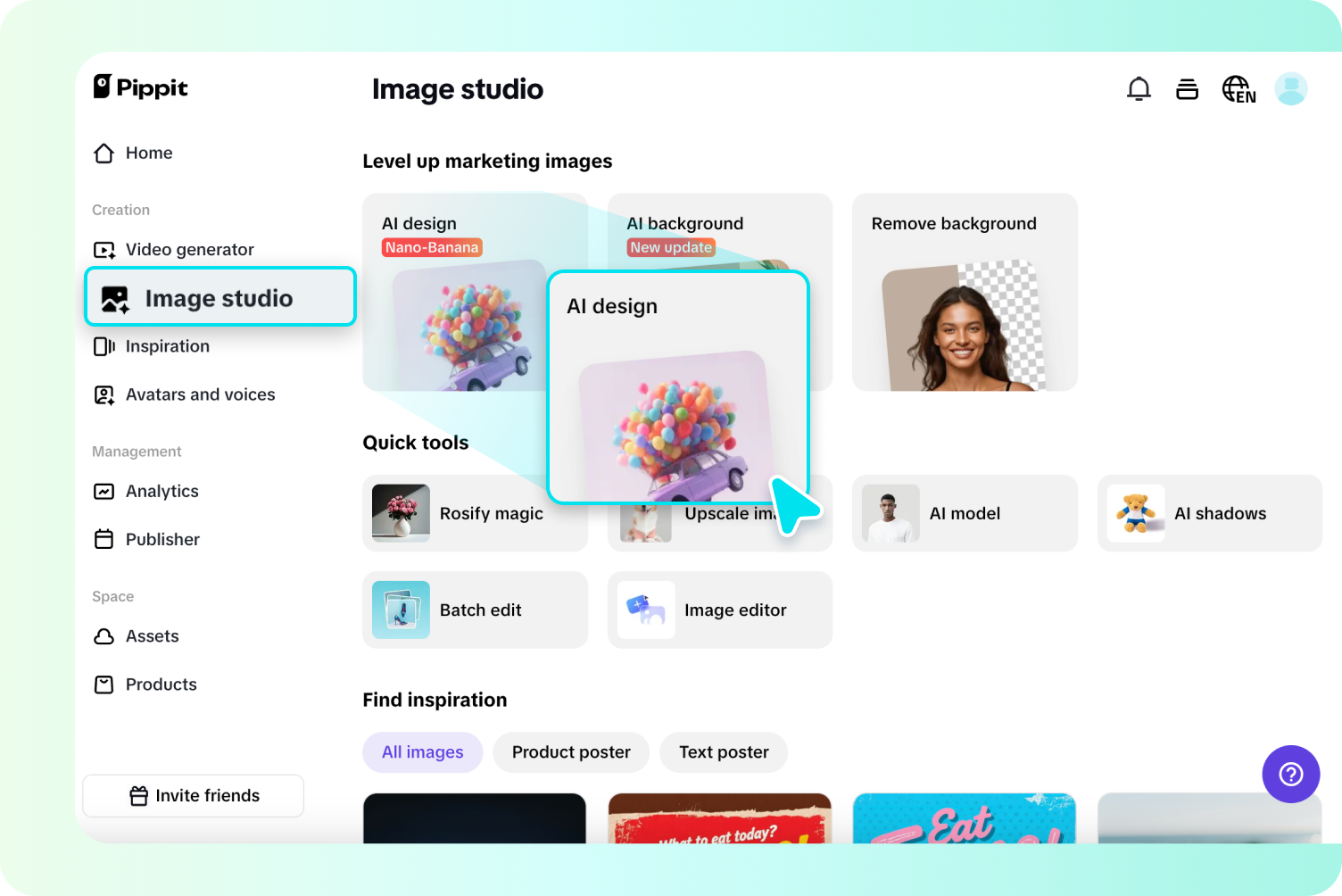 Opening AI design tool in Pippit