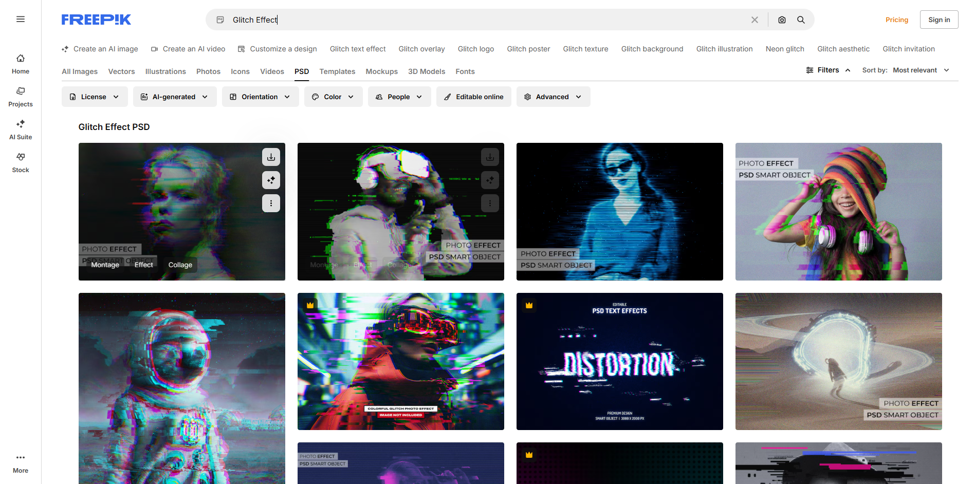 Interfaccia di Freepik - il sito più apprezzato per gli effetti glitch di Photoshop