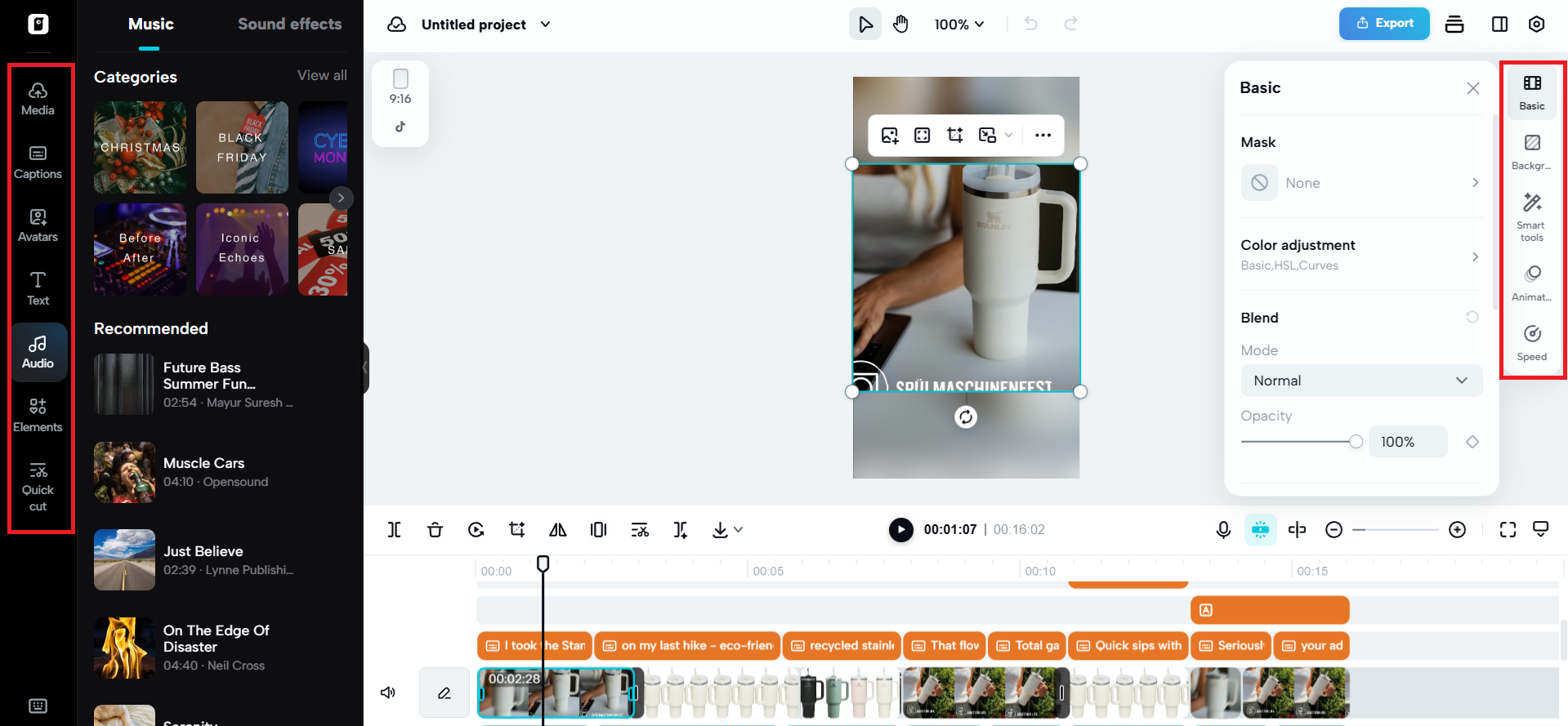 Editing options on either side of the canvas