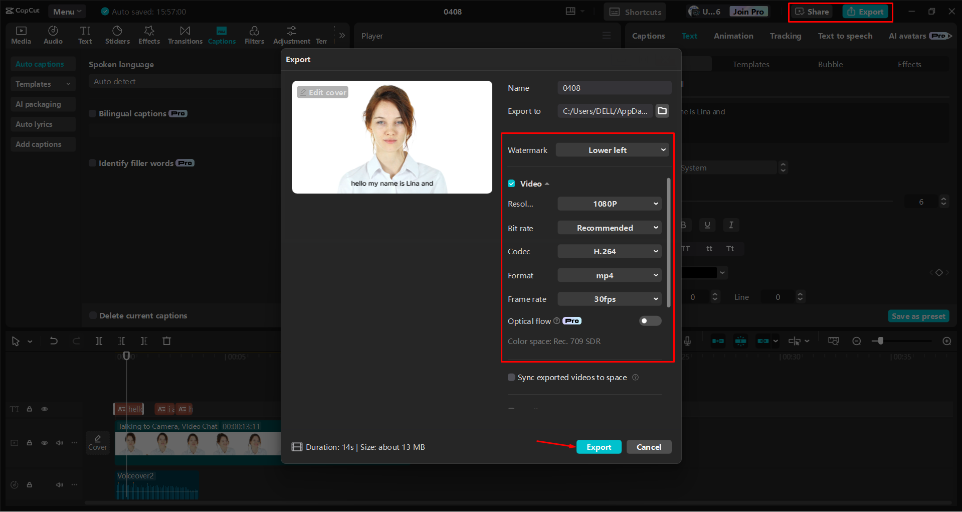Exportando um vídeo do editor de vídeo para desktop CapCut