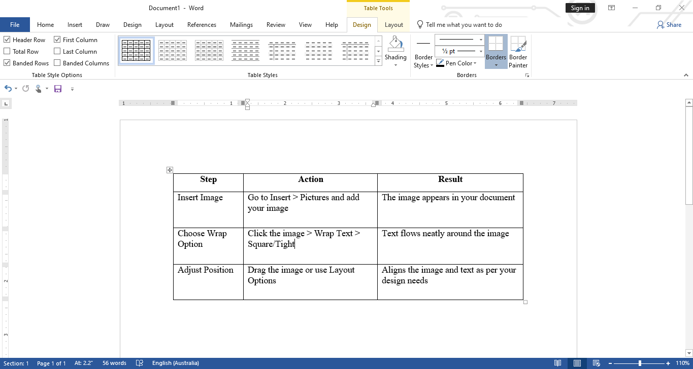 Sélection d'un tableau pour envelopper un mot dans un tableau sur Microsoft Word