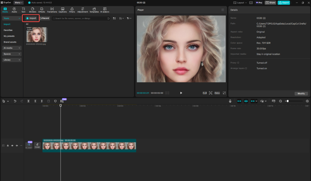 Importing the image/video into CapCut