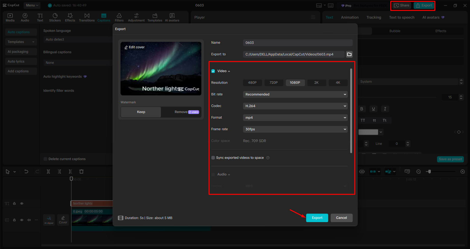 Esportazione di un video dall' CapCut editor video desktop