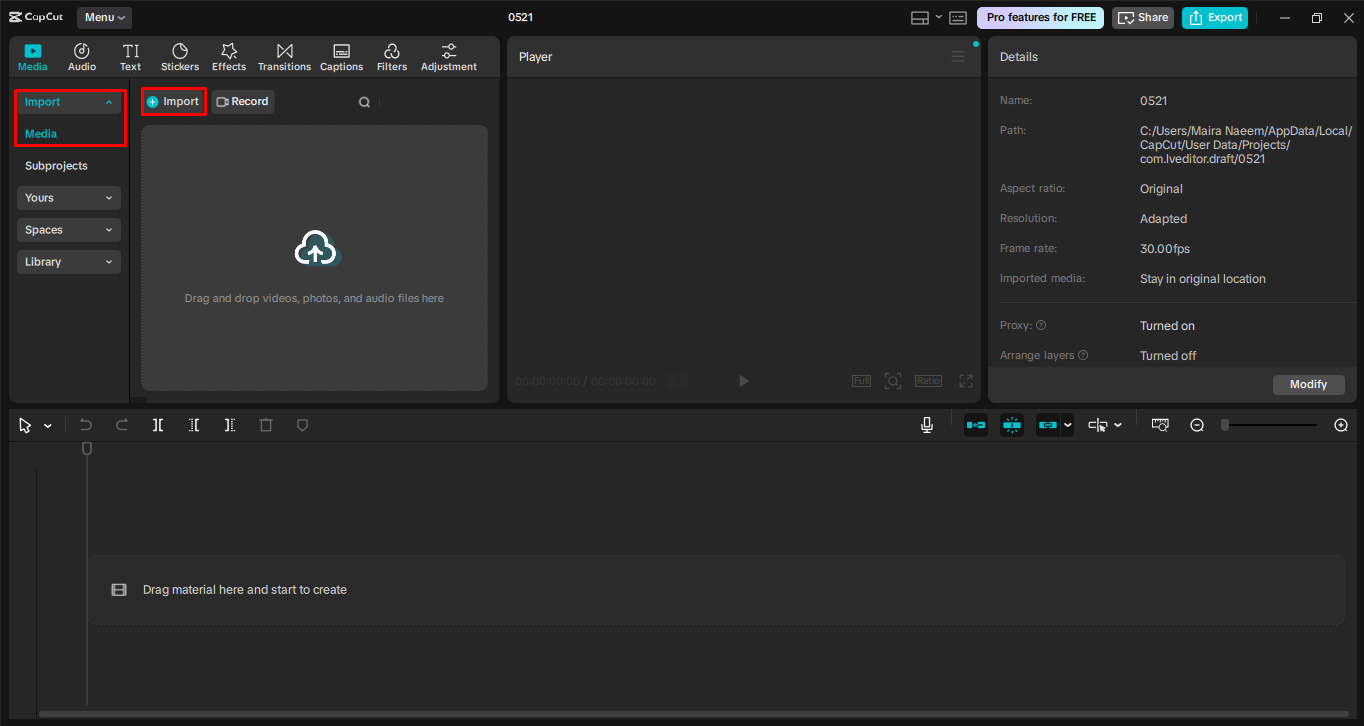 Importieren von Medien in den CapCut Desktop-Video-Editor