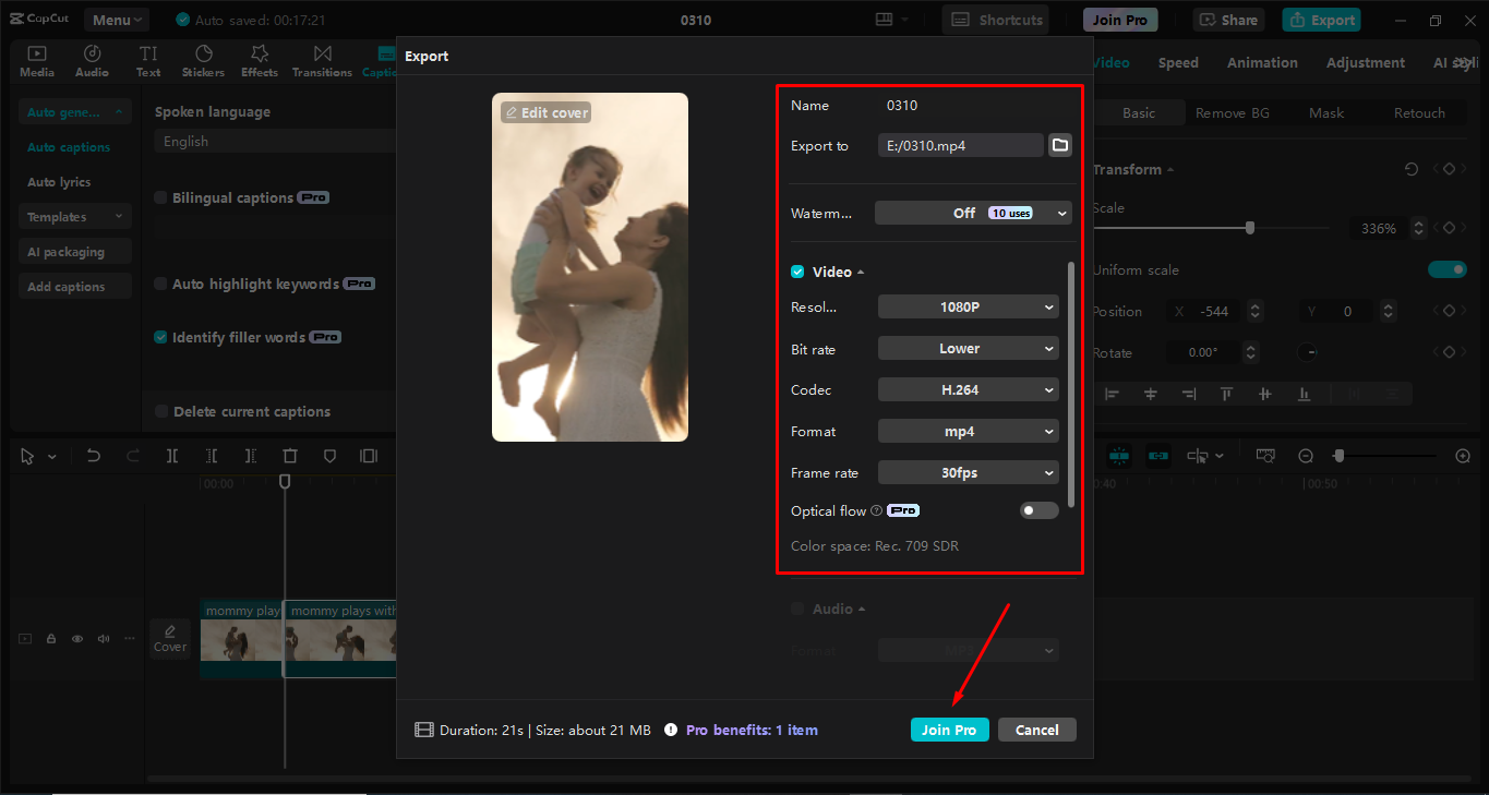 Exportação de vídeo para o editor de vídeo de desktop CapCut