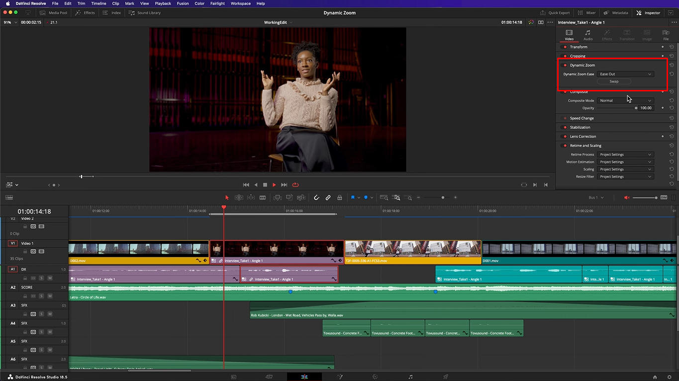 Bild zum Glätten der Zoom-in-Clips in DaVinci Resolve