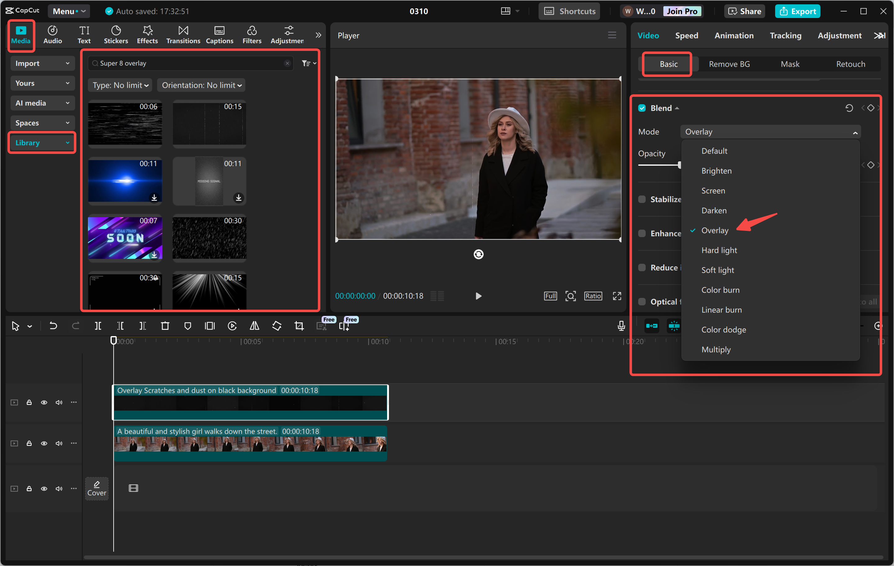 Editing and enhancing a Super 8 overlay in the CapCut desktop video editor
