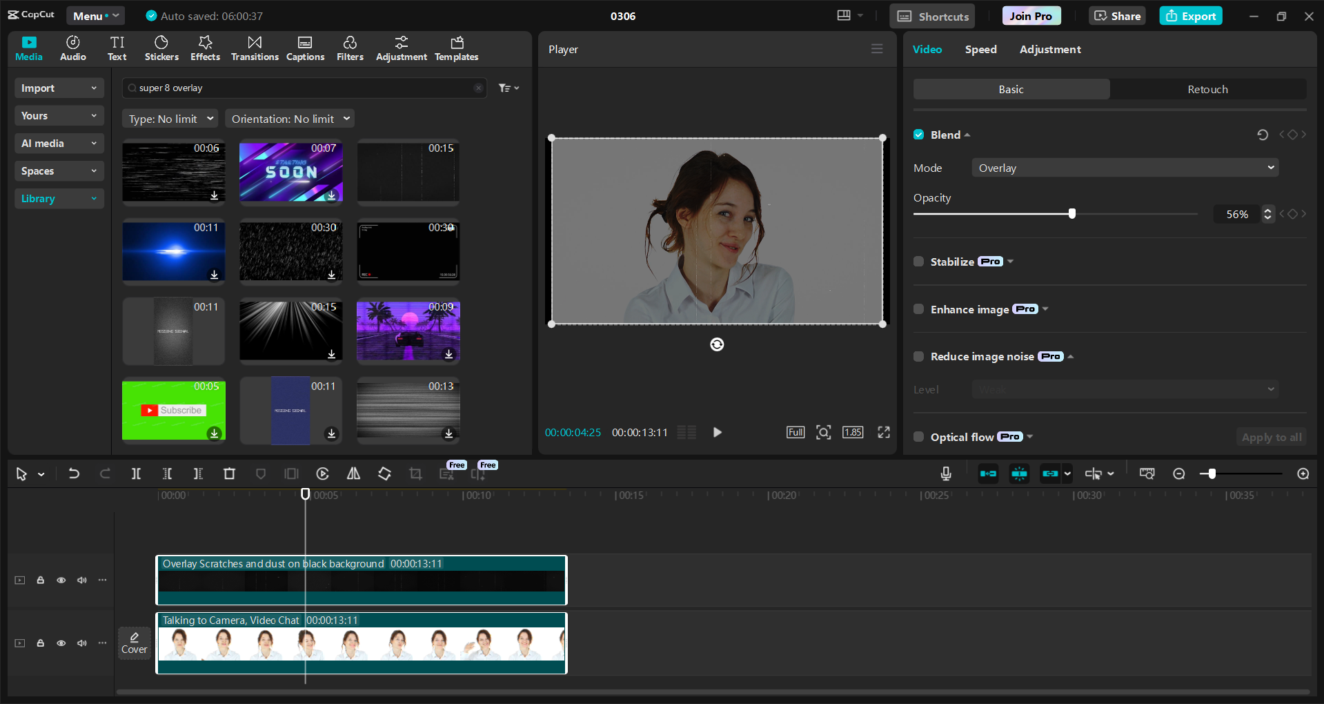 Interface of the CapCut desktop video editor - the best resource for Super 8 film overlays