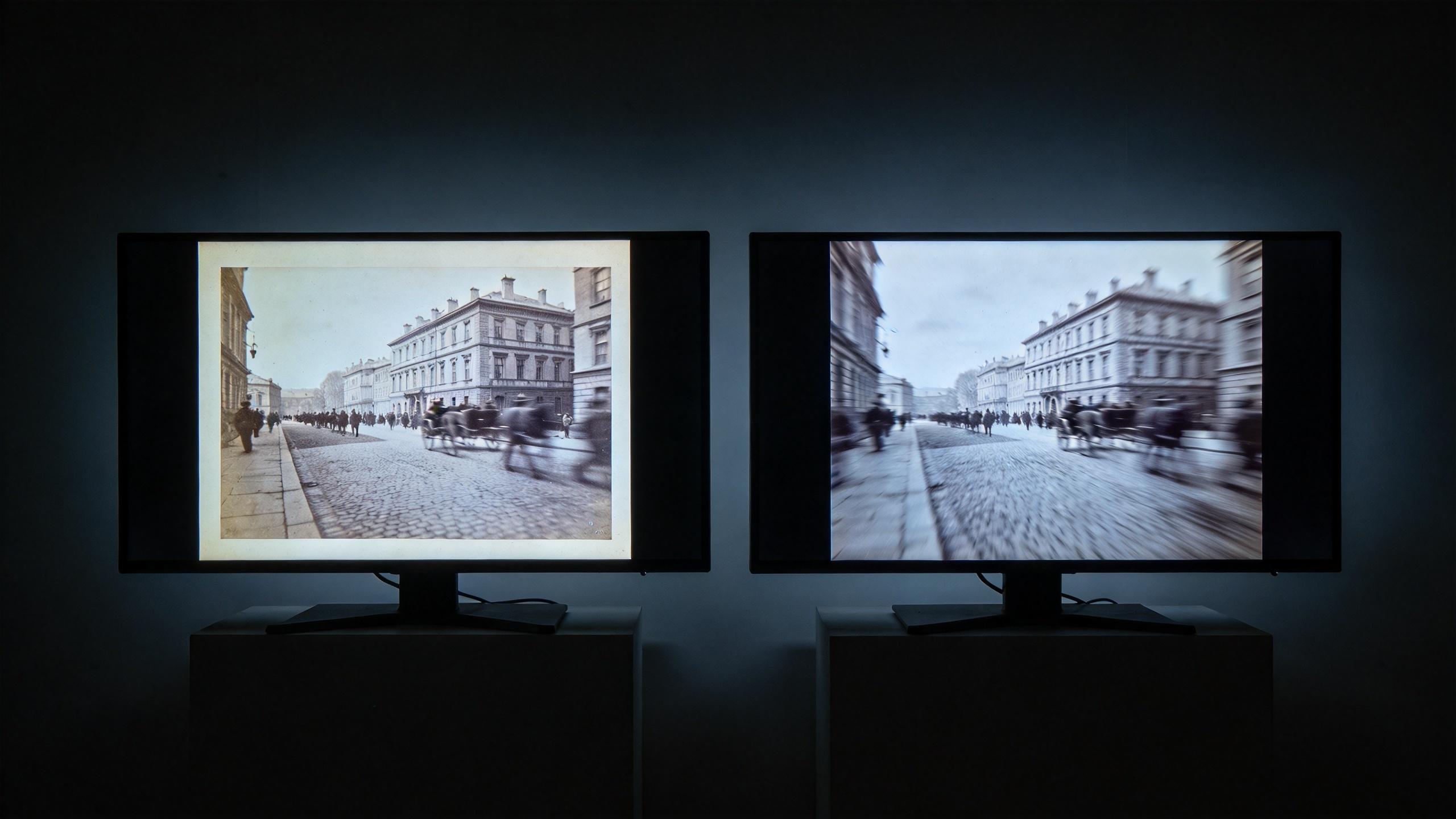 Two monitors show the same historic street scene, with the right image zoomed and blurred for motion