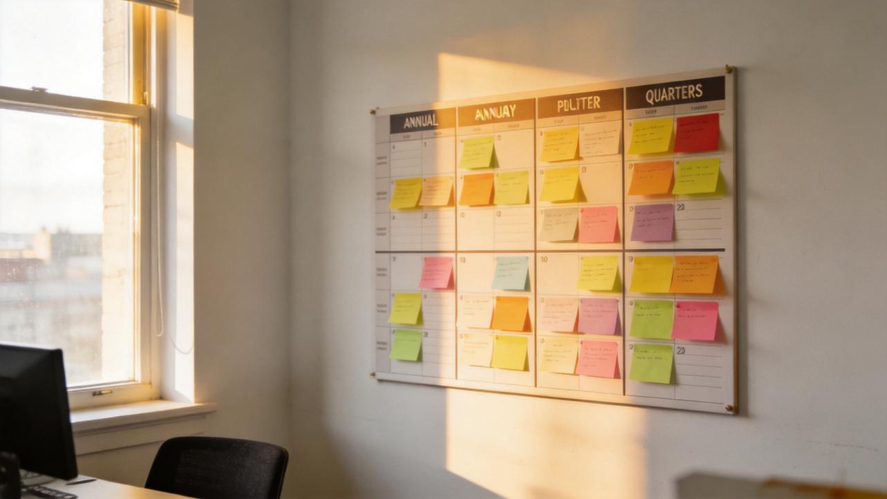 Wall calendar with colorful sticky notes beside a sunlit office window