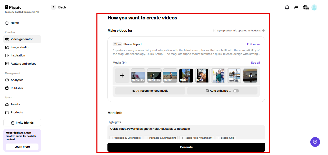 Customizing video settings in Pippit