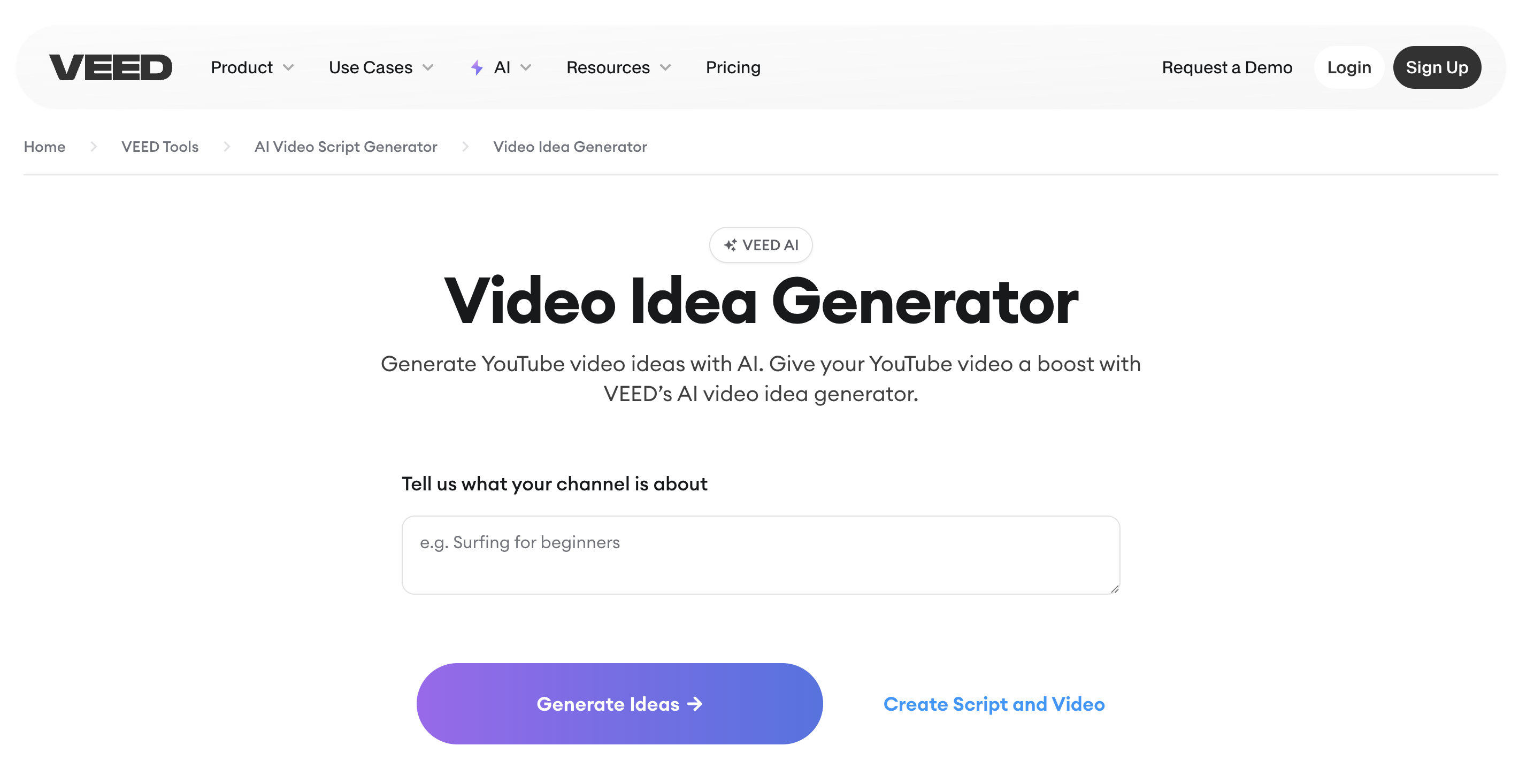 Veed.IO YouTube video fikir üreticisi