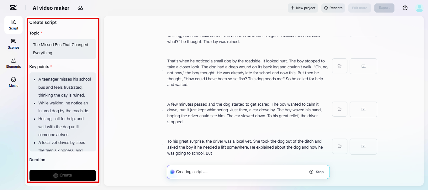 CapCut Webでスクリプトを生成中