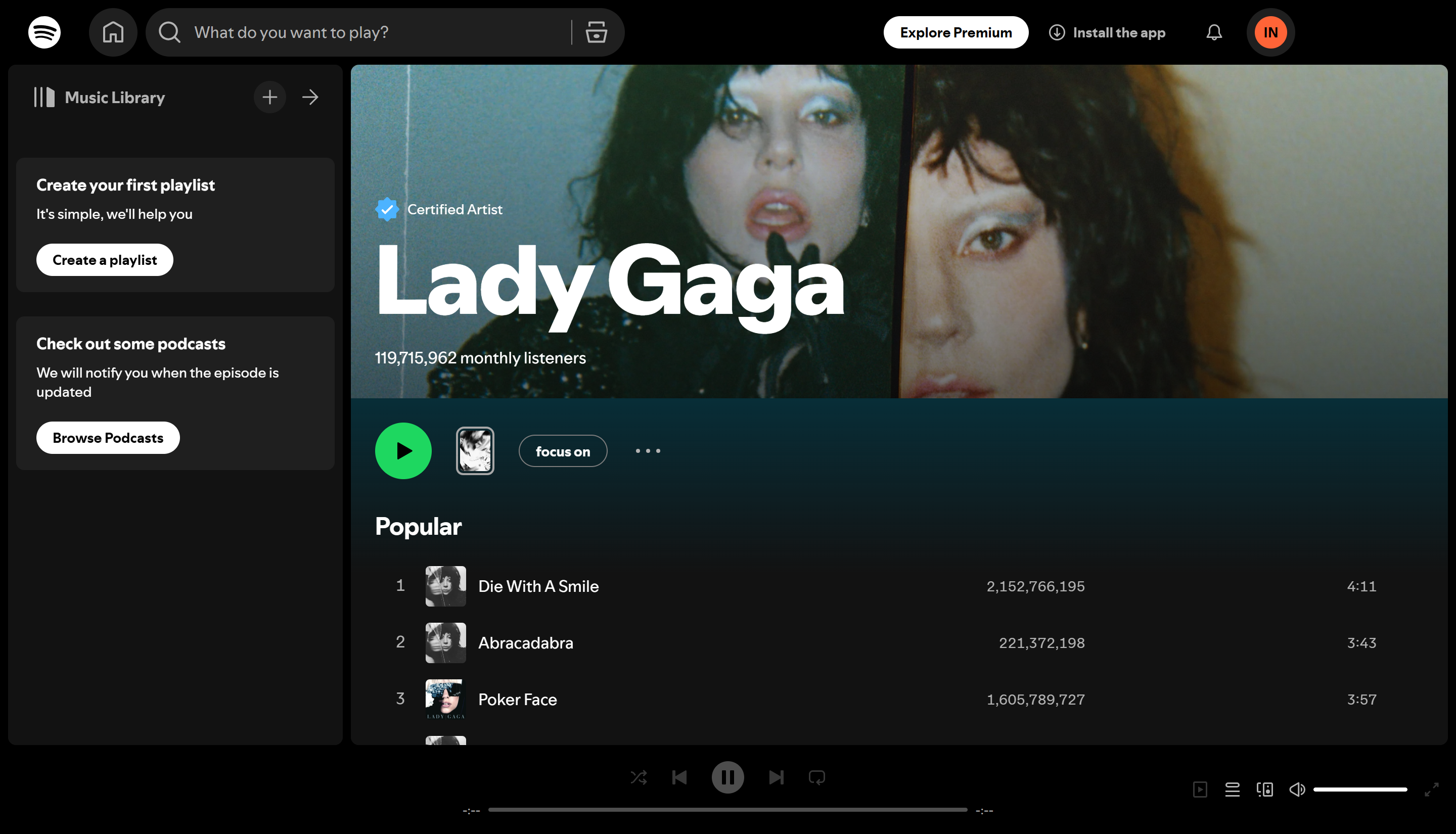 Lady Gaga - artis wanita yang paling banyak distrim di Spotify