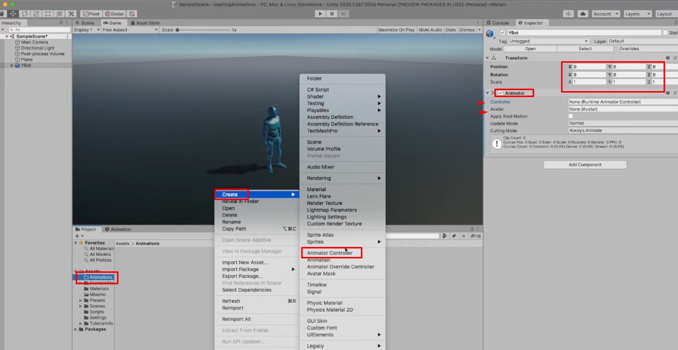 Setting up an Animator Controller in Unity animation software.