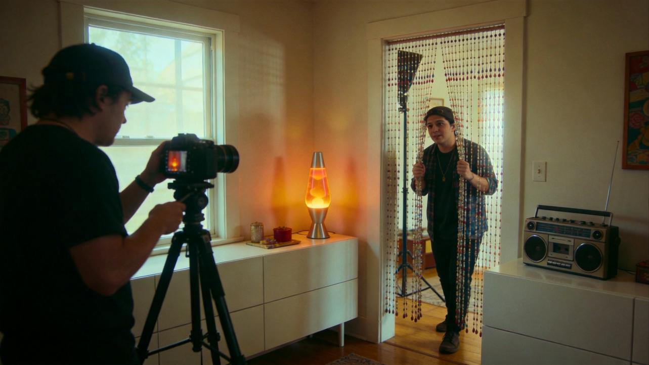 Person filming a man standing behind a bead curtain in a retro room
