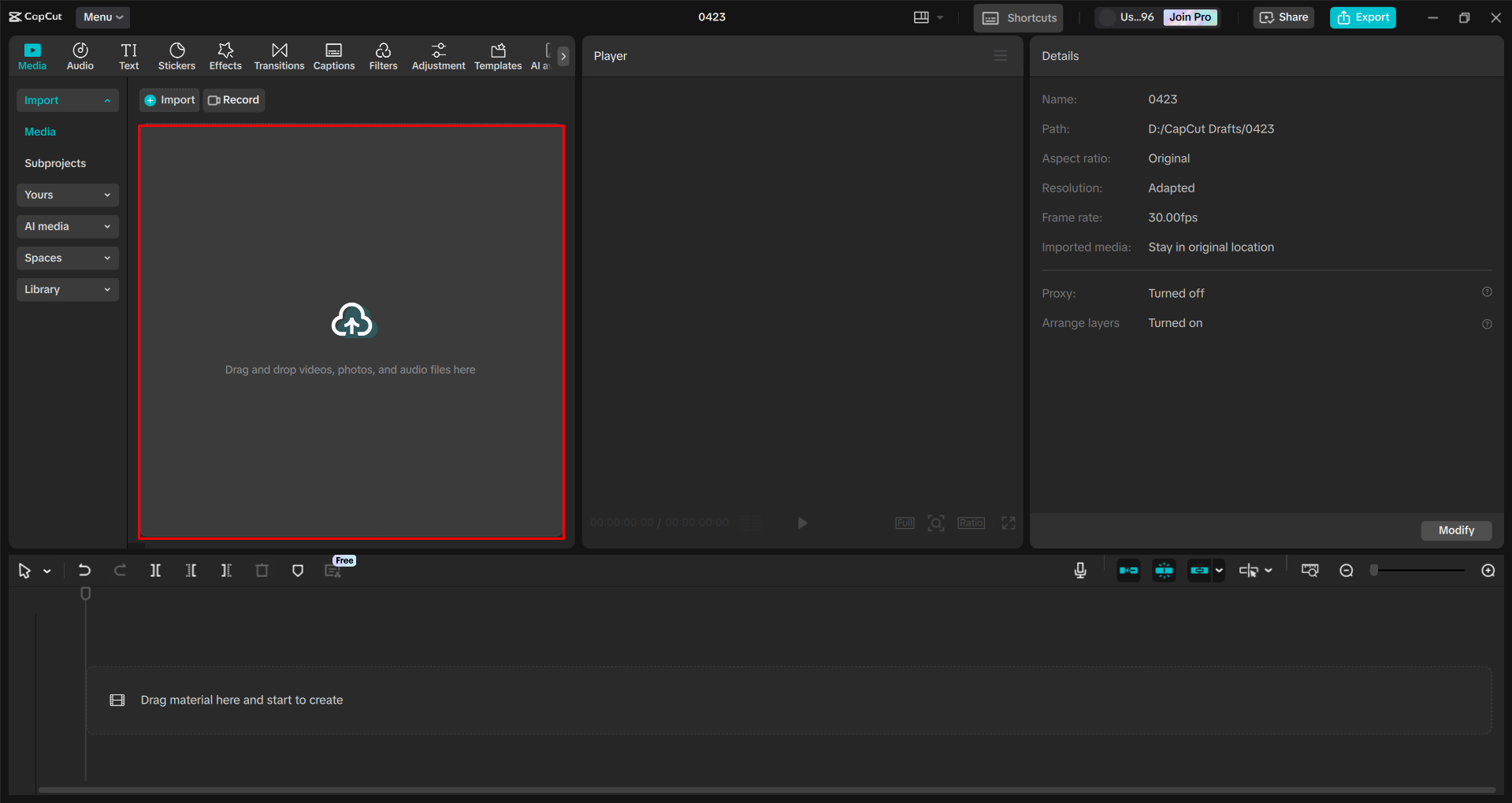 Importing a video into the CapCut desktop video editor