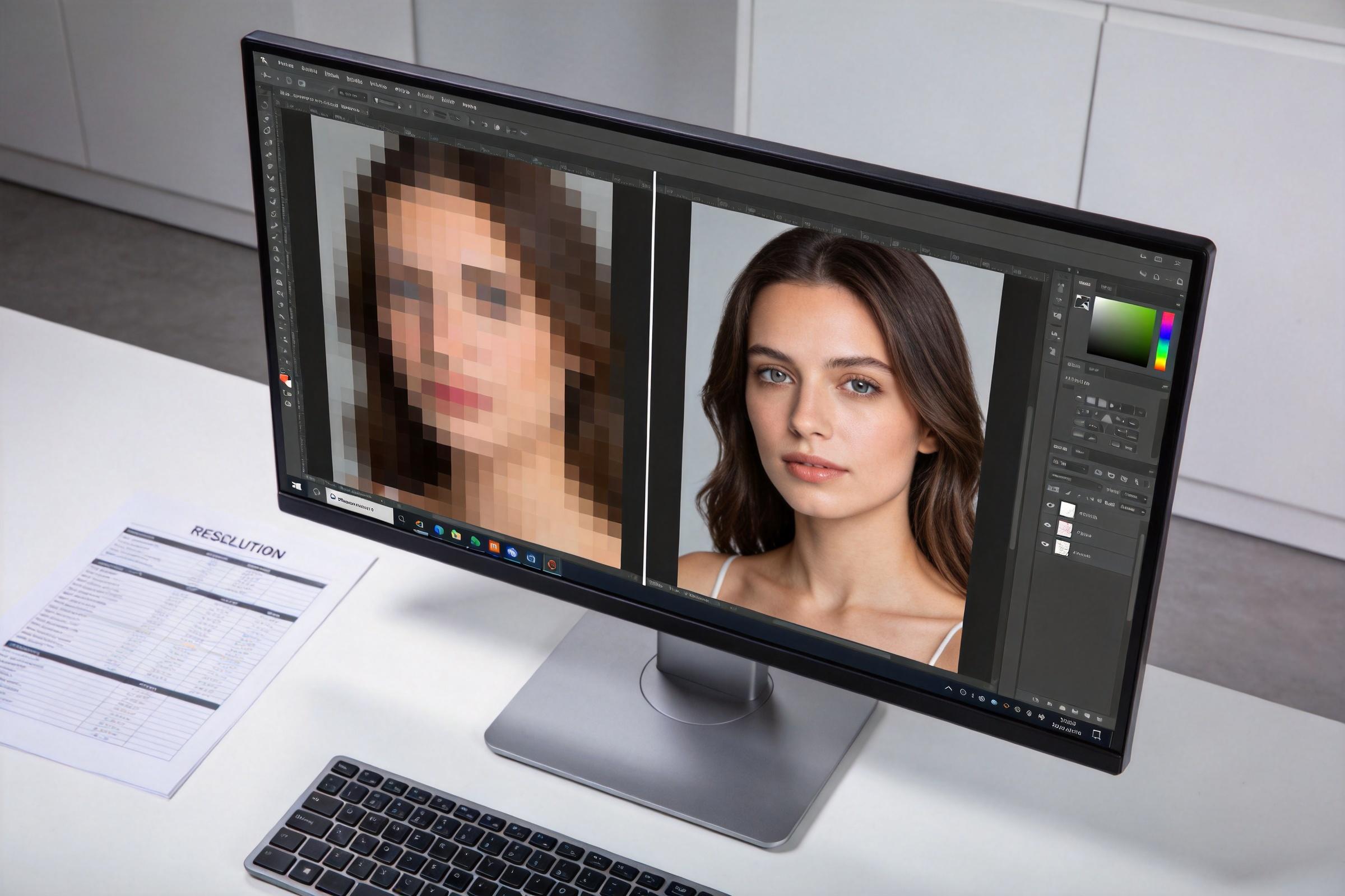 Monitor shows a pixelated portrait beside a sharp portrait in a photo editor
