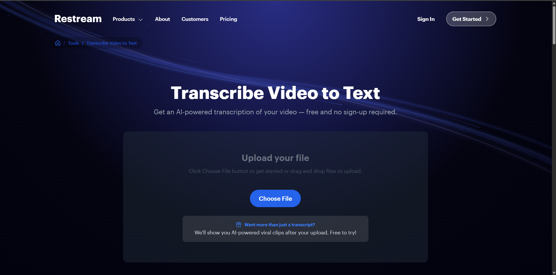 Interface of Restream - another free AI video transcription generator