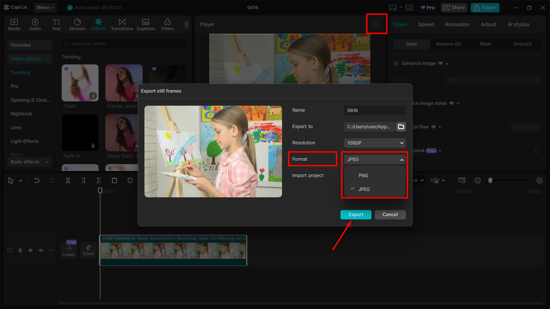 Esportazione dell'immagine finale dall' CapCut editor video desktop