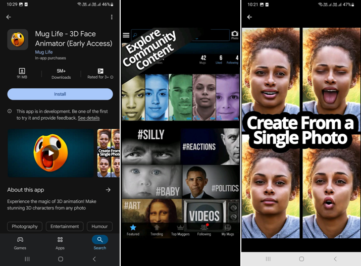 Schnittstelle von Mug Life - der lustigen Fotomacher-App für Mobiltelefone