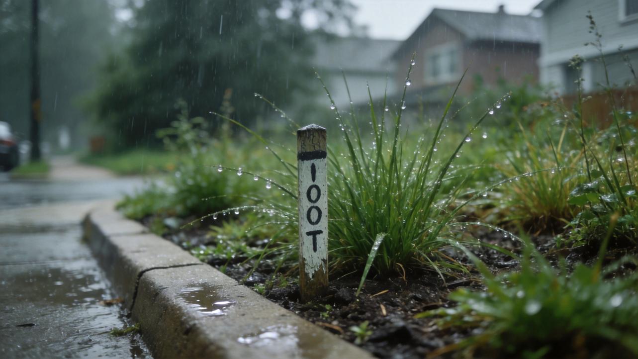 Rain falls on a landscaped curb with a white marker labeled 100T
