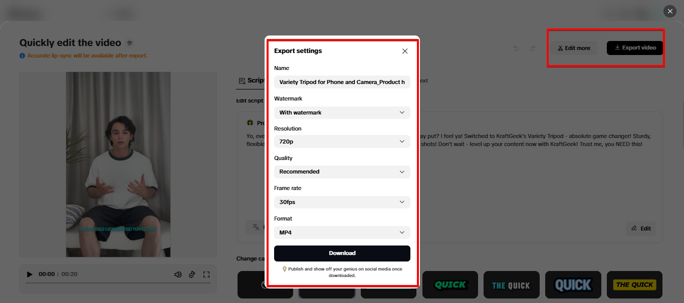 Esportazione del video da Pippit