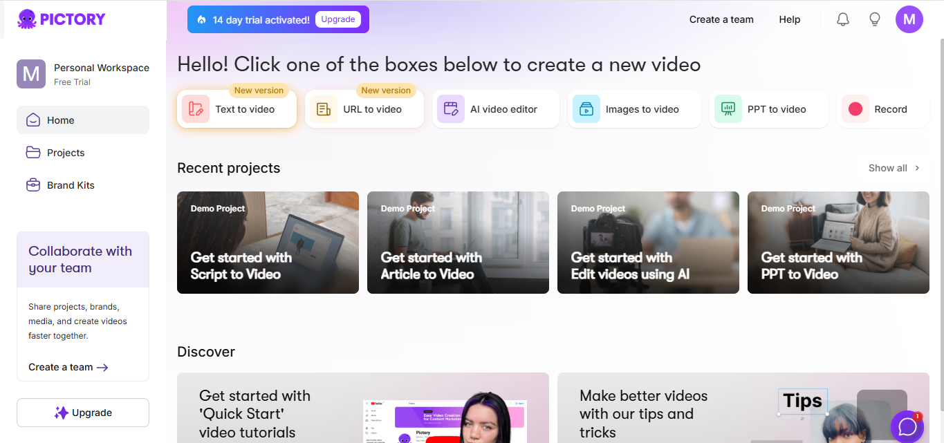 Interface of Pictory - one of the best AI intro video generators