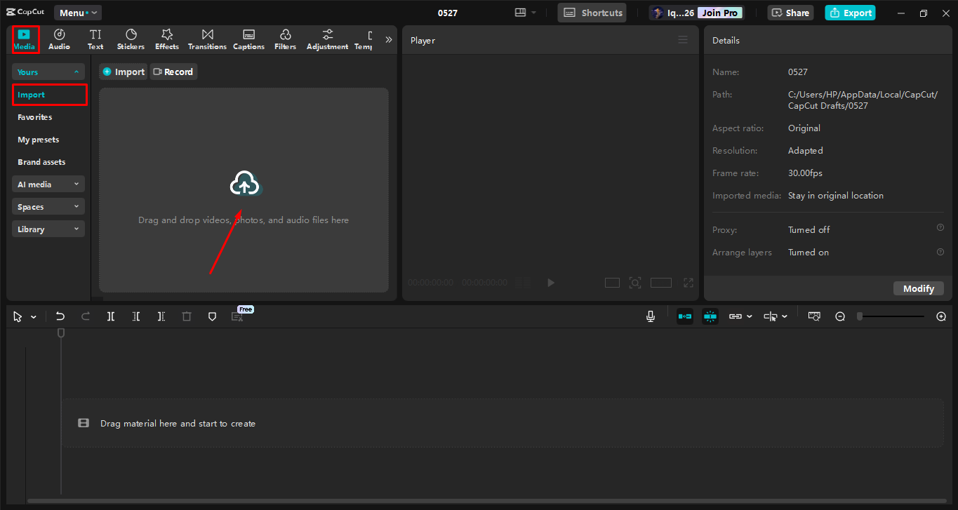 Subiendo la imagen al editor de video de escritorio Capcut