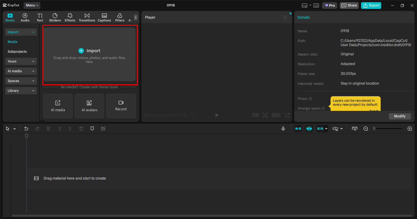 Importing video in the CapCut desktop video editor