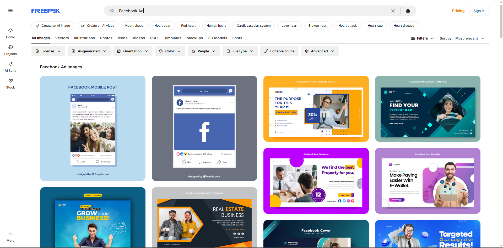 ממשק של Freepik - מקום נוסף למציאת תבניות מודעות מגוונות בפייסבוק