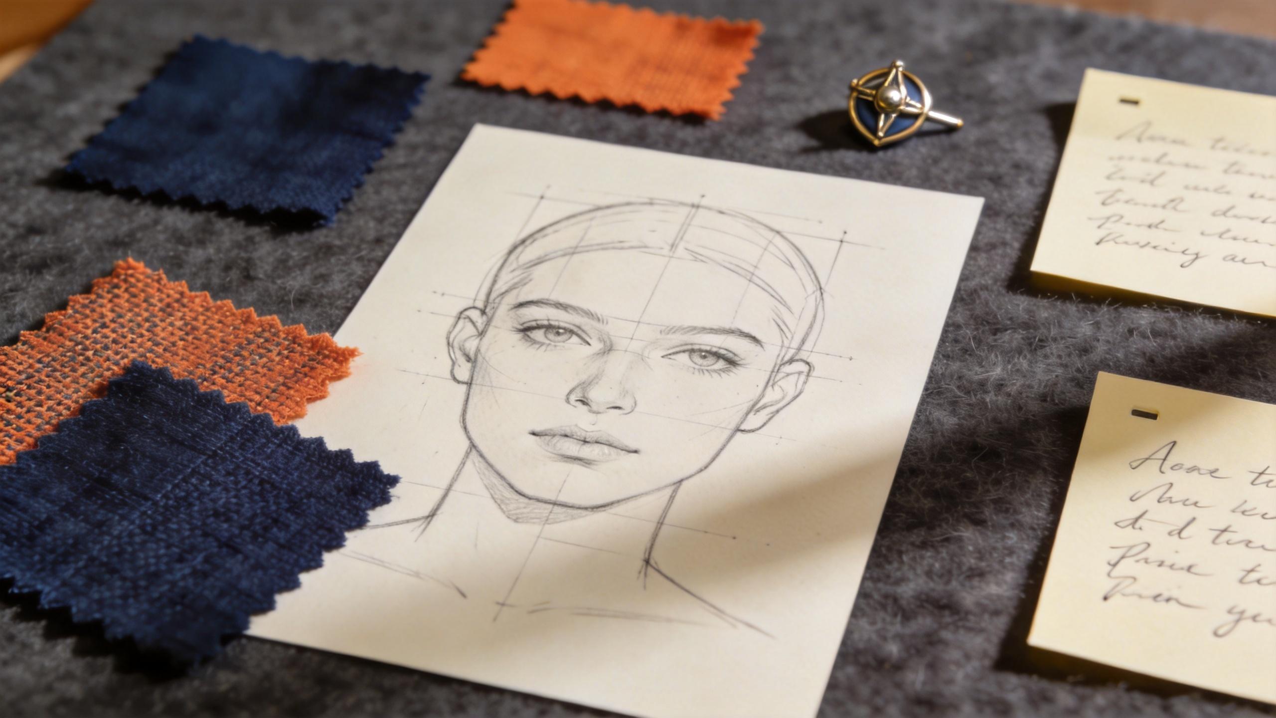 Sketch of a woman's face on paper surrounded by fabric swatches and handwritten notes