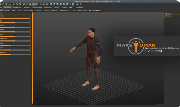 Interfaccia di MakeHuman - un facile da usare software di animazione dei cartoni animati