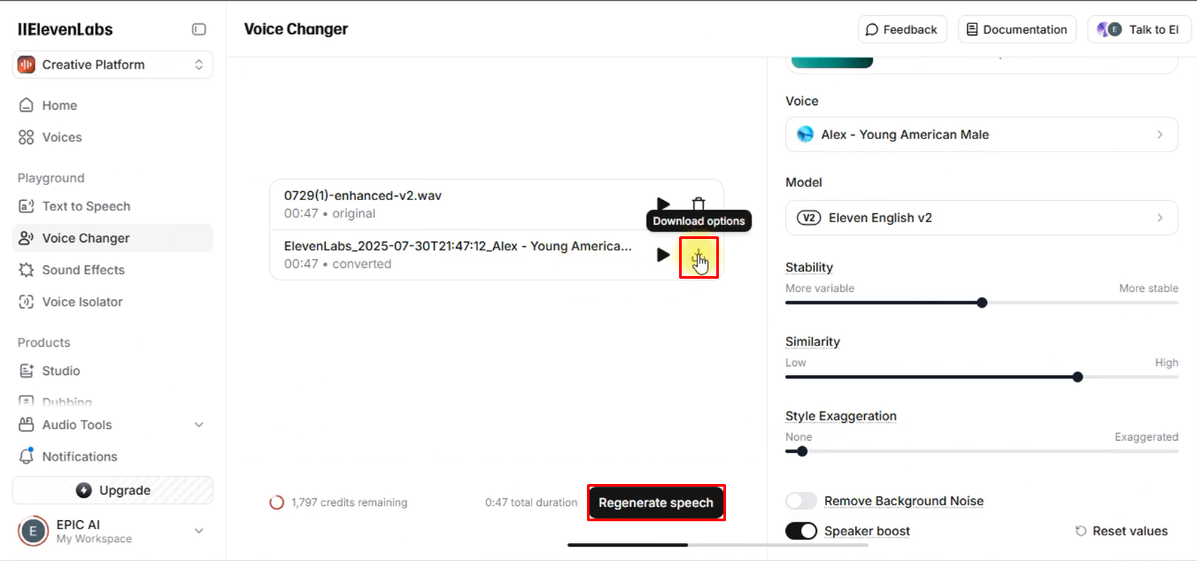 Refining or downloading the voice from ElevenLabs voice change