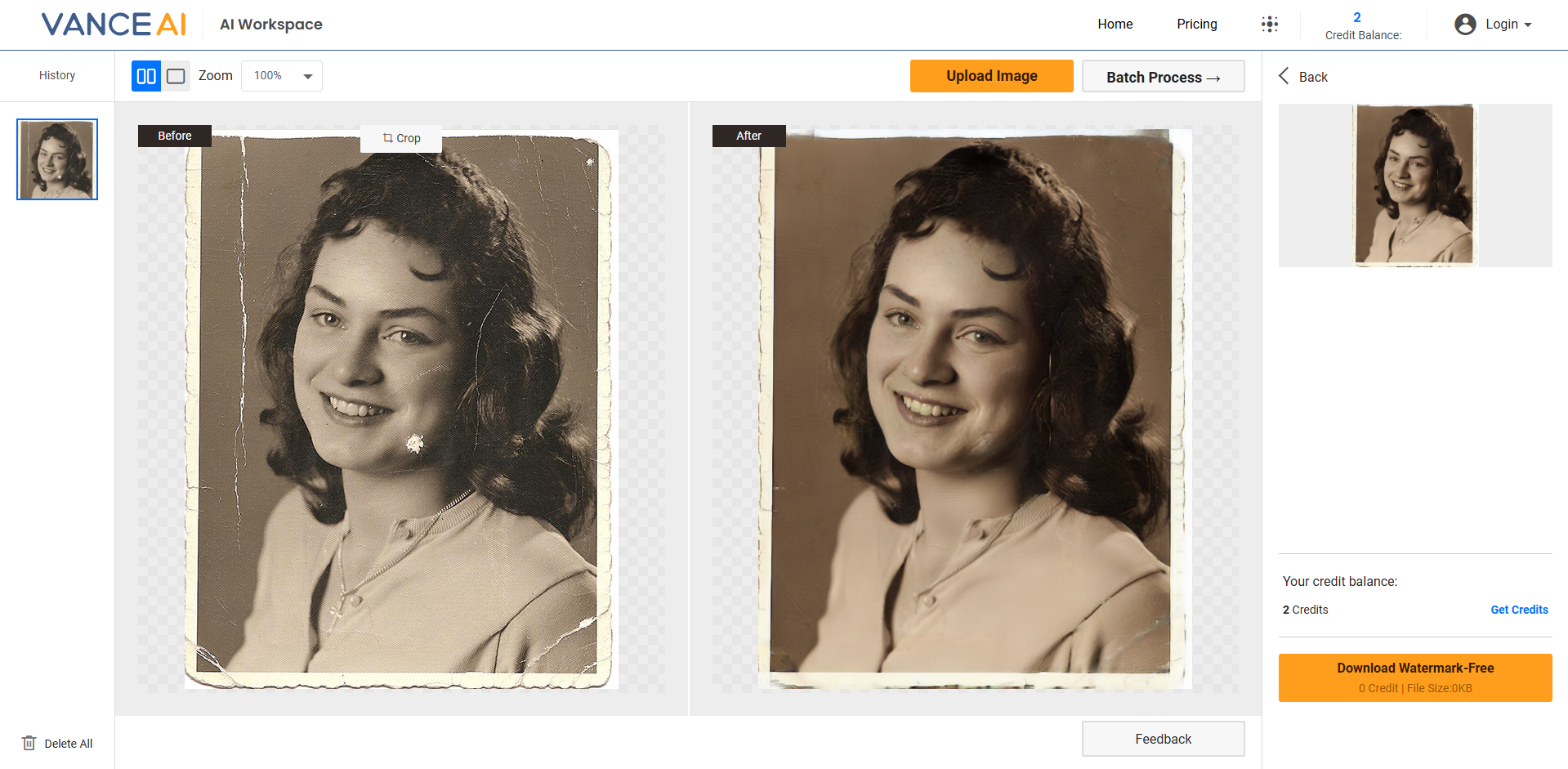 Interfaz del editor de VanceAI photo restorer