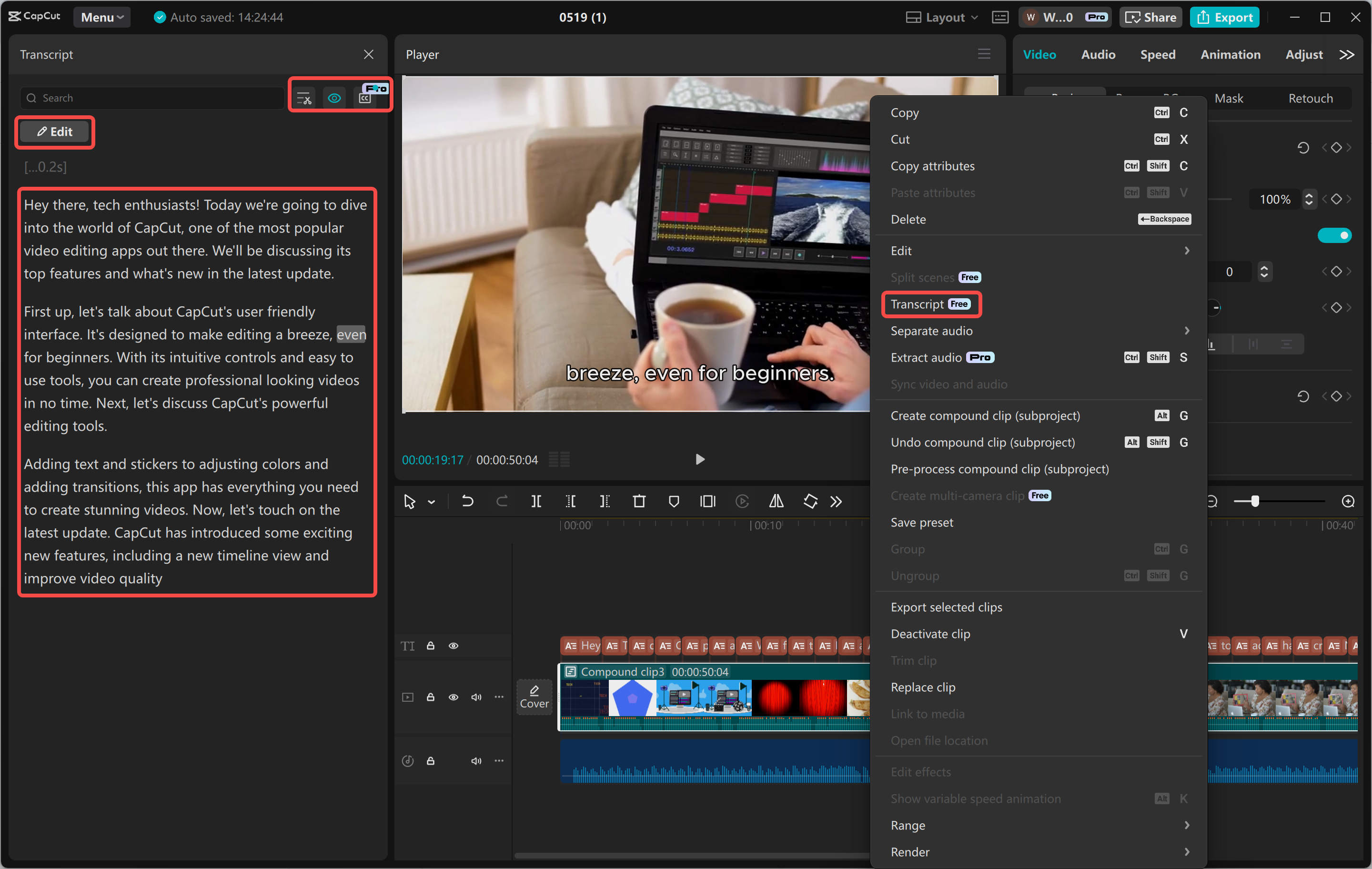 Transcrevendo um vídeo com o editor de vídeo para desktop CapCut