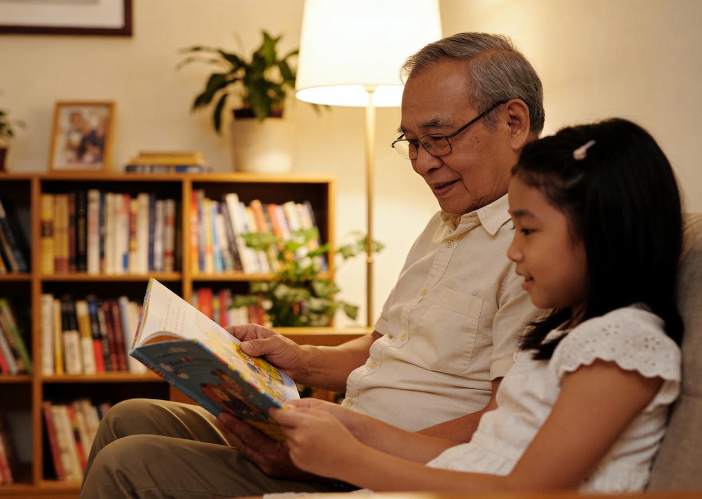 Generate a warm voiceover of an elderly male reading a story to his granddaughter