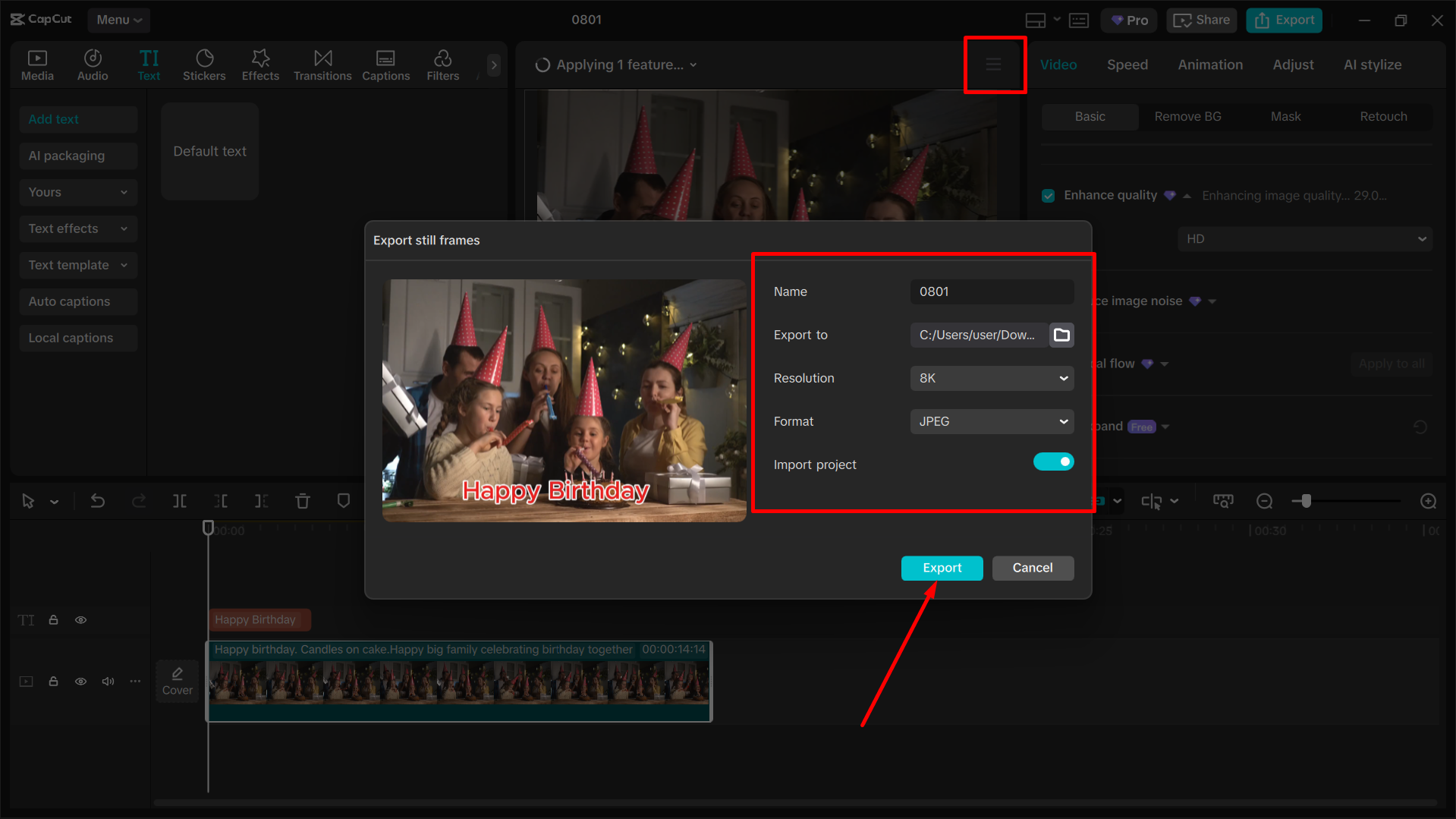 Exportation de l'image depuis l' CapCut éditeur vidéo de bureau