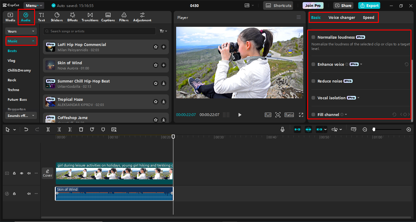 Adicionando e aprimorando áudio no editor de vídeo para desktop CapCut