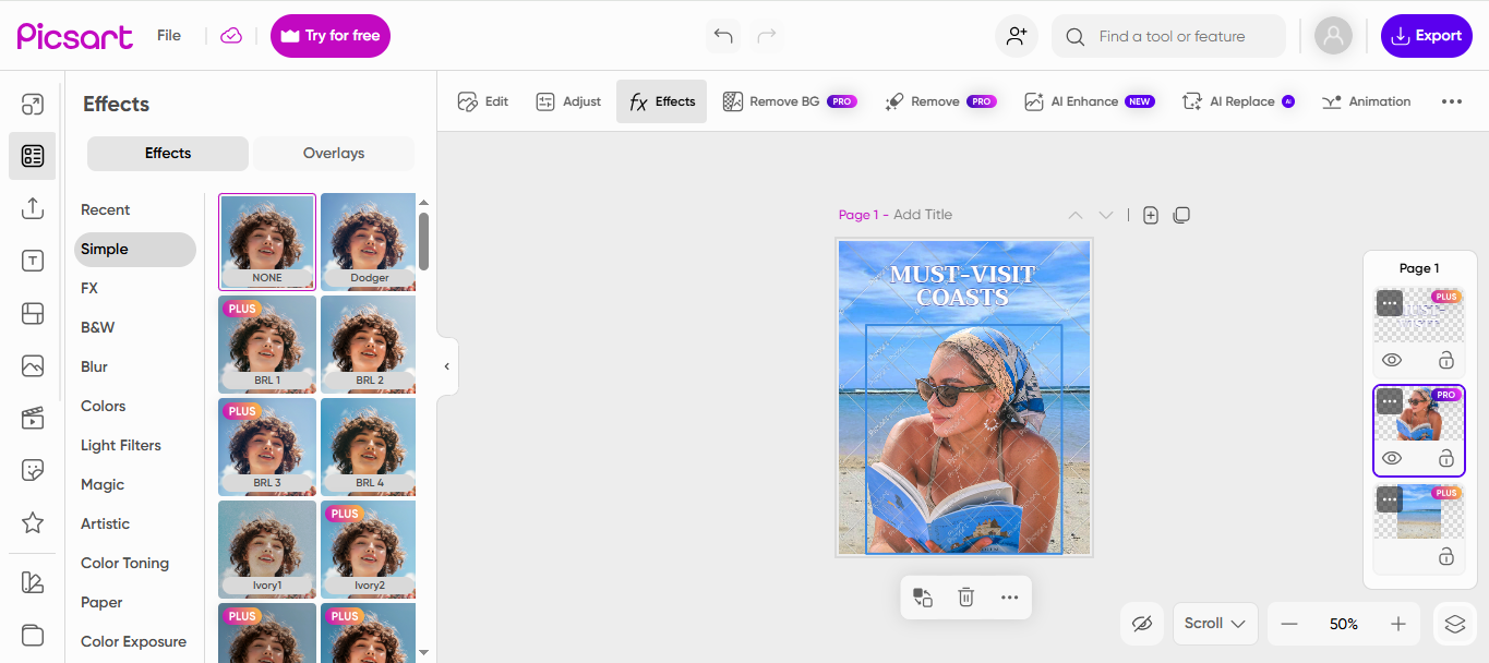 Interface of Picsart - a perfect tool to get free Snapchat-like filters