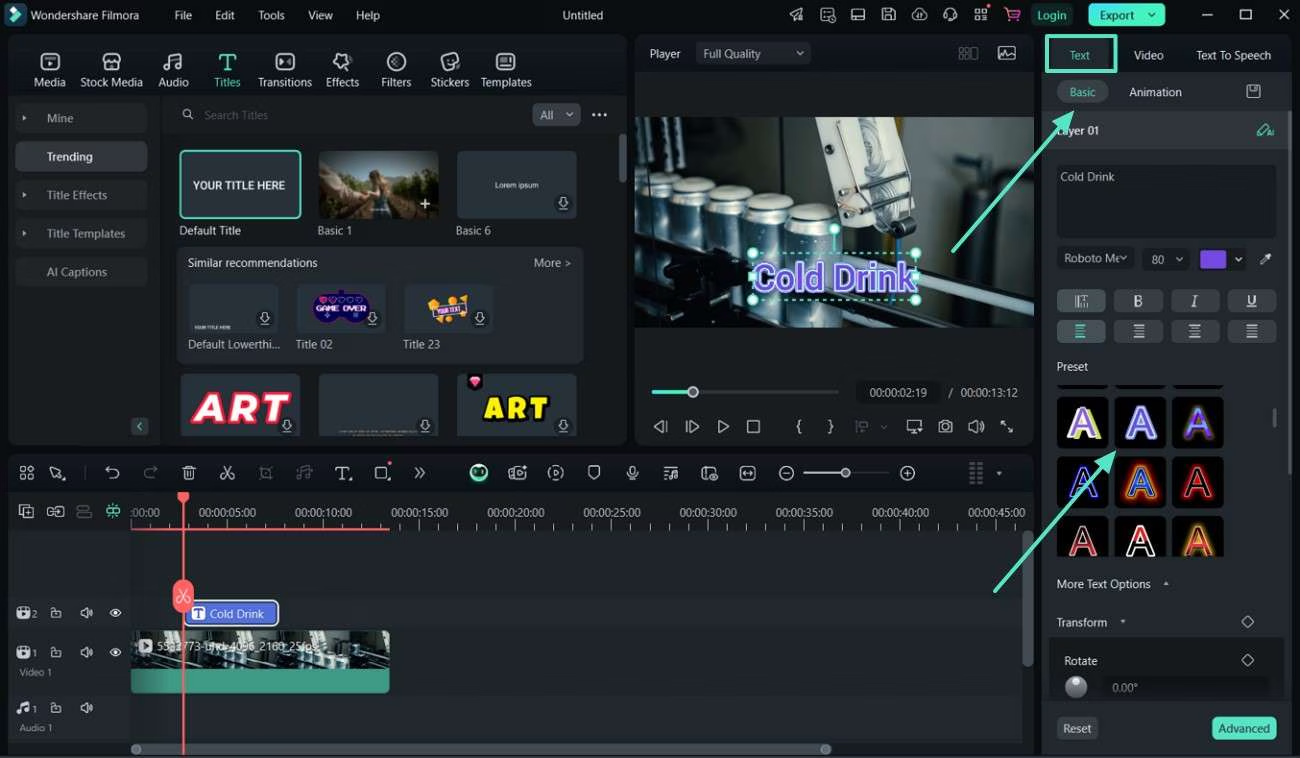 Interfaz de Filmora - otro creador de videos de texto animado gratuito