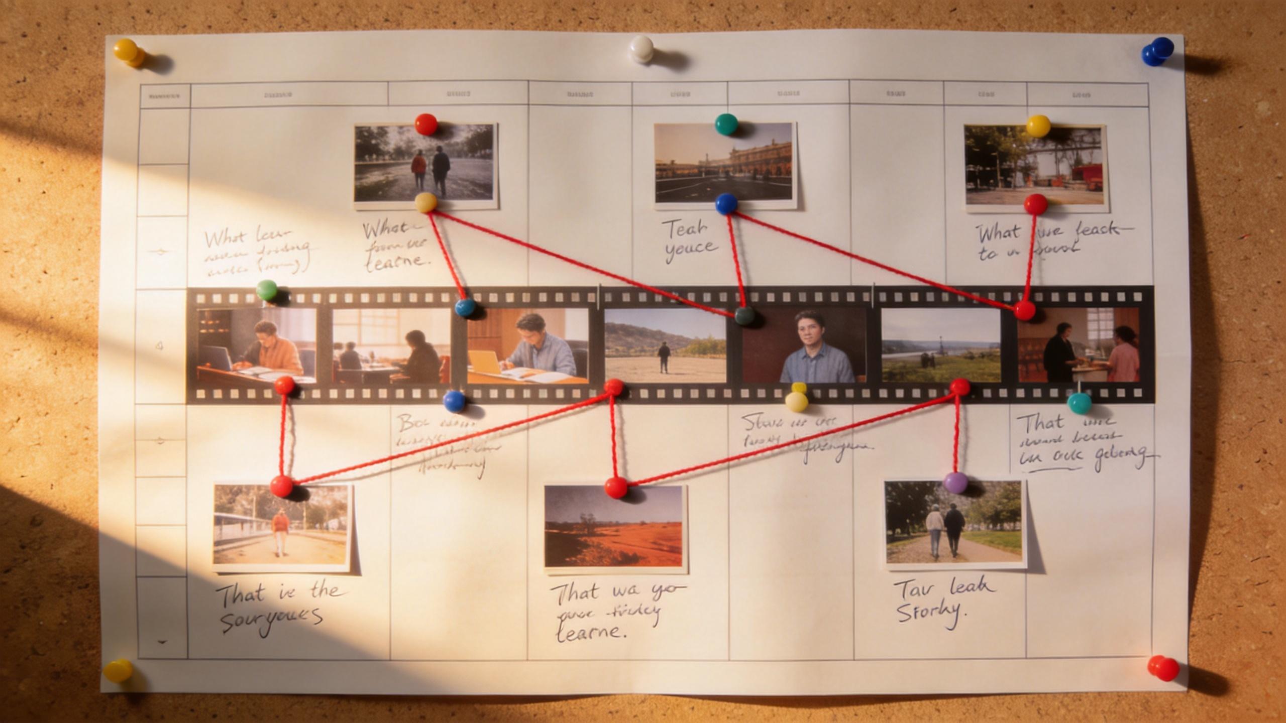Photo storyboard pinned to a board with filmstrip and red string connecting images